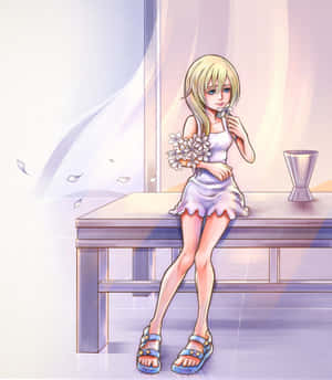 金髮動漫女孩穿白色連衣裙在窗邊手持白色花朵，花瓣飄散。 — Galaxy Z Fold 6 壁紙