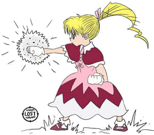 動漫女孩穿粉紅色連衣裙用動作線條擊打發光球體。 — 螢幕保護 壁紙