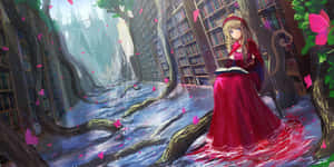 穿著紅色連衣裙的動漫女孩在帶有水和粉色花瓣的魔法圖書館裡看書。 — 閱讀 壁紙