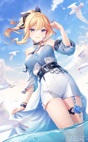 藍裙動漫女孩在陽光下被海鷗圍繞於海洋中 — Galaxy Tab Active5 Pro 壁紙