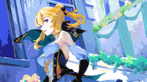 金髮動漫女孩穿著藍黑色服裝，靠著窗邊，有綠色藤蔓。 — 原神 壁紙
