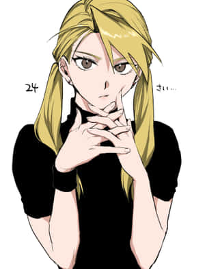 金髮動漫女孩穿著黑色襯衫，雙手合十放在下巴附近。 — Galaxy Z Fold 8 壁紙