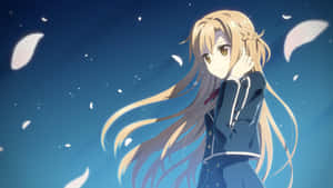 長金髮的動漫少女穿著校服，在暮色天空中花瓣飄落時微笑。 — 刀劍神域 GIF 壁紙