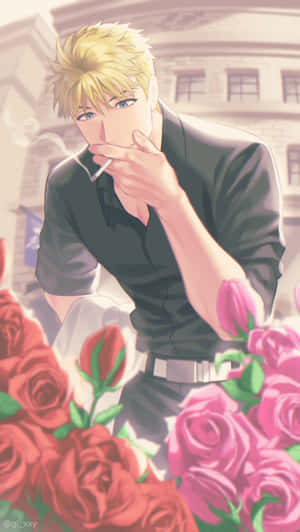 動漫男子在城市背景下於紅粉玫瑰中抽煙。 — 9:16 壁紙
