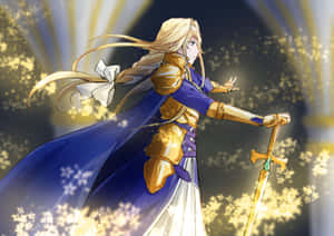 身穿金色盔甲和藍色披風的動漫騎士，手持發光的劍。 — 刀劍神域 GIF 壁紙