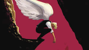 金髮天使，白色翅膀，蹲在懸崖上，背景是洋紅色天空。 — 路西法 惡魔 壁紙