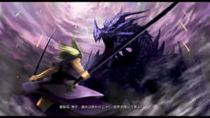 動漫戰士在紫色風暴中與巨龍戰鬥 — 天際 GIF 壁紙