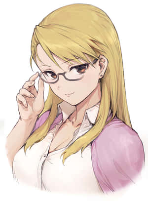 金髮戴眼鏡的動畫女孩，穿著粉紅色開襟毛衣調整眼鏡。 — Kindle 壁紙