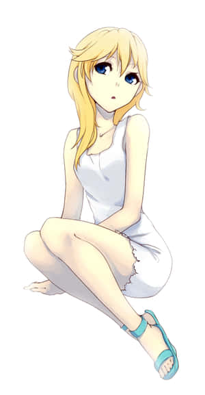 金髮藍眼的動漫女孩，穿著白色連衣裙和藍綠色涼鞋，盤腿而坐。 — Pixel Fold 壁紙