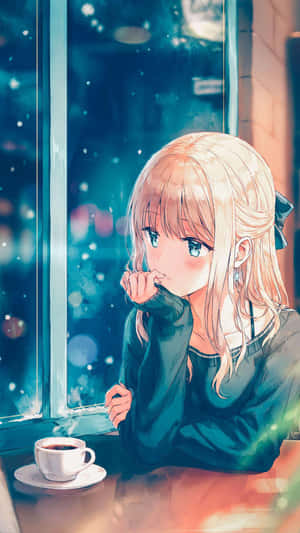 金髮動漫女孩在雪窗前喝咖啡，舒適咖啡館。 — 靚靚動畫 壁紙