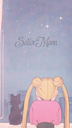 金髮雙丸子頭的動畫女孩和黑貓透過窗戶凝視著星空暮色天空。 — 星星 壁紙