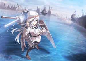 動漫女孩帶著船隻主題的翅膀，站在靠近軍艦的水中。
