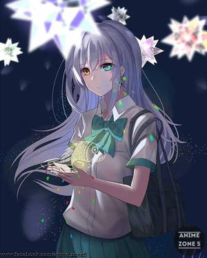 銀髮動漫女孩在星光下手持發光的魚。 — 學校 壁紙