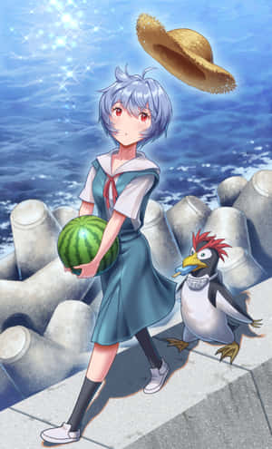 動漫女孩與企鵝在海邊步道拿著西瓜，帽子漂浮。 — Galaxy Tab A 壁紙