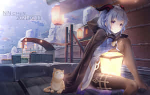 動漫女孩與貓在積雪屋頂上手持燈籠 — Steam Deck OLED 壁紙
