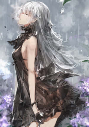 銀髮動漫女孩在雨中，周圍有紫色花朵。 — OnePlus Pad 4 壁紙