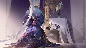 穿著紫色和服的動漫少女，在柔和光線的傳統日式房間中。 — 原神 壁紙