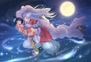 長銀髮和蓬鬆尾巴的動漫角色，與孩子一起在星空夜空中飛翔。 — 夜晚 壁紙