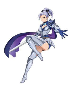 動漫女戰士，身穿銀色盔甲和紫色披風，揮舞著劍。 — Galaxy Z Fold 5 壁紙