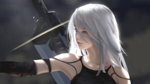 銀髮動漫女戰士在黑暗環境中揮舞發光的劍。 — 尼爾：自動人形 壁紙