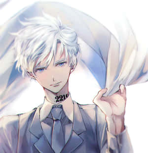 銀髮藍眼的動漫男孩穿著西裝，手持白色布料。 — Galaxy Z Flip7 FE 壁紙