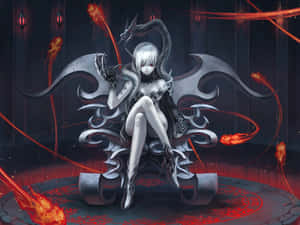 動畫惡魔女皇，銀髮紅眼，坐在裝飾華麗的王座上，被旋轉的紅色火焰包圍。 — 女巫 GIF 壁紙