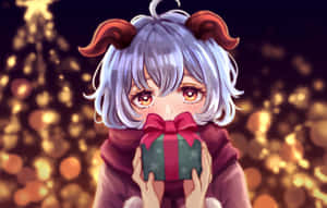 銀髮紅角的動漫女孩，在閃爍的樹前拿著聖誕禮物。 — Steam Deck 壁紙