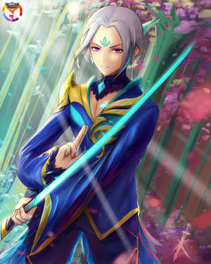 動漫精靈戰士在色彩繽紛的花卉環境中手持發光劍。 — 莉貝·黑色五葉草 壁紙