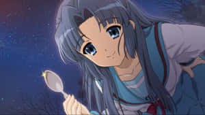 動漫女孩手持帶有發光星星的湯匙，背景是星空 — 飛段 曉 壁紙