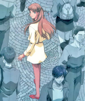 動漫女孩穿著黃色連衣裙和紅色鞋子，站在圓形石鋪地上，被學生包圍。 — 小米Mix Flip 2 壁紙