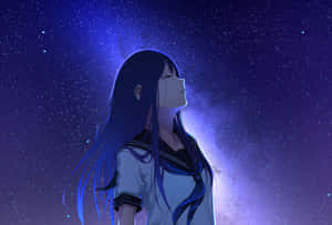 穿著水手服的動漫女孩仰望星空 — 夜空 壁紙