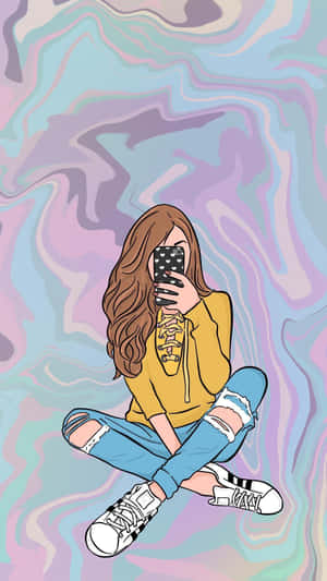 年輕女性在色彩繽紛的抽象背景前用手機自拍。 — 可愛少女風gif 壁紙