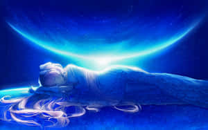動漫女孩在發光的彎月和星星下，睡在藍色行星上。 — 島嶼 壁紙
