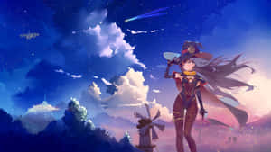 動漫女巫，長髮戴帽，站在星空暮色天空下，旁邊有風車。 — 原神 壁紙