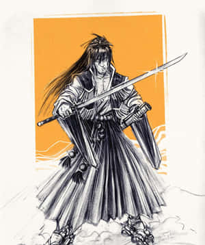 武士戰士在橙色背景上以動態姿勢持劍。 — Apple Watch Ultra 壁紙