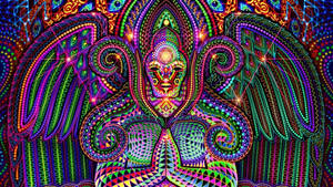 一幅充滿活力的數位藝術作品，描繪對稱的有翼神祇，帶有霓虹幾何圖案。 — 路西法 惡魔 壁紙
