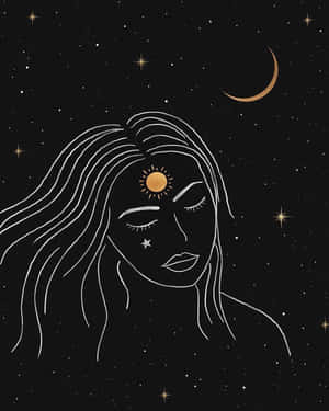 額頭上有太陽的女性，在繁星點點的夜空與新月之下 — 唯美月亮動圖 壁紙