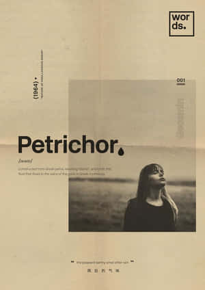 女子閉眼站在田野中，周圍是定義 Petrichor 的文字。 — 極簡美學 壁紙
