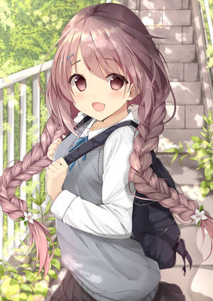 動漫女孩，粉紅色辮子，校服，在戶外微笑，拿著背包。 — 可愛動漫女仔 壁紙