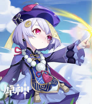 紫髮動漫女孩在明亮的天空中施展發光的黃色咒語。 — Honor Magic V 壁紙