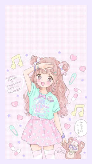 動畫女孩，粉紅色頭髮和泰迪熊，粉彩格仔背景 — 可愛糖果色調 壁紙