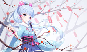 穿著藍色和服的動畫女孩，手持帶有粉紅色祈願牌的櫻花枝。 — 原神 壁紙