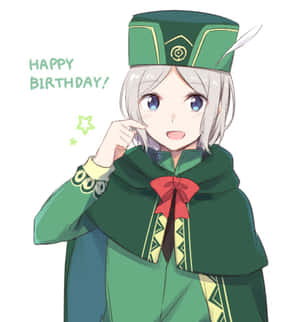 動畫女孩穿著綠色服裝，繫著紅色蝴蝶結，為生日慶祝微笑。 — Honor Magic V 壁紙
