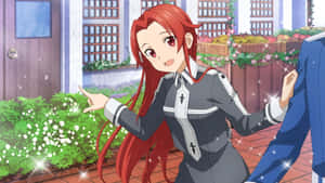 紅髮動畫女孩身穿灰色制服指向花園中的白花 — 刀劍神域 GIF 壁紙