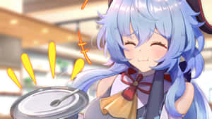 藍髮動漫女孩愉快地從碟子中提供食物。 — 原神 壁紙