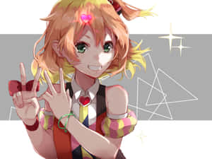 動漫女孩，橙色頭髮，綠色眼睛，微笑著比出和平手勢，帶有愛心和閃光。 — 4:3 壁紙