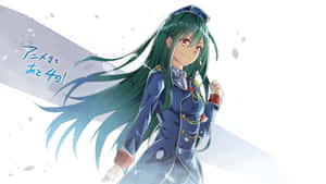 動漫女孩穿著藍色制服微笑，青綠色頭髮，花瓣飄落 — 春天 壁紙