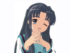 動漫女孩穿著校服，雙手合十放在臉旁眨眼。 — 古勒比加 壁紙