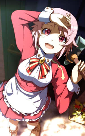 粉紅色頭髮的動漫女僕女孩拿著錘子，遮擋陽光。 — 刀劍神域 GIF 壁紙