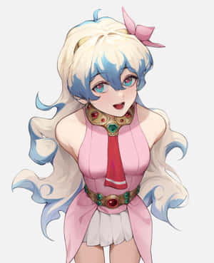 藍白頭髮的動漫女孩，穿著粉紅色服裝和寶石配飾 — Galaxy Z Fold 5 壁紙